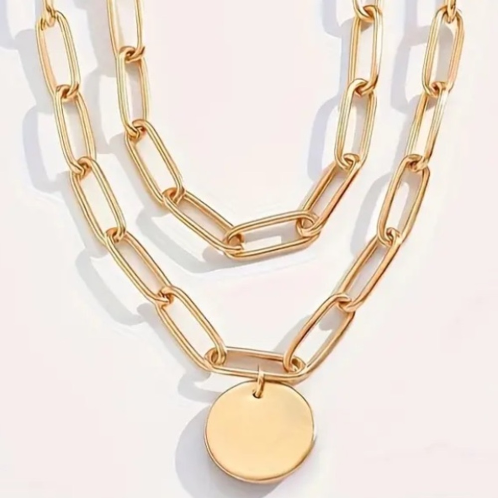 Trendy Circle Paperclip Gold Toned Layered Necklace - Picture 2 of 4